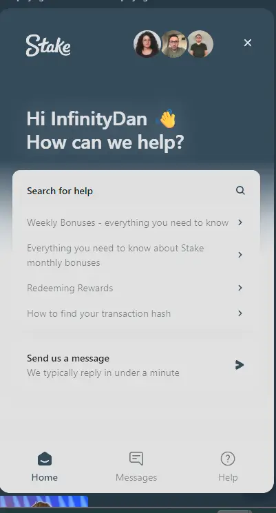 Stake Us live support popup with FAQ's and articles can contact support agent.