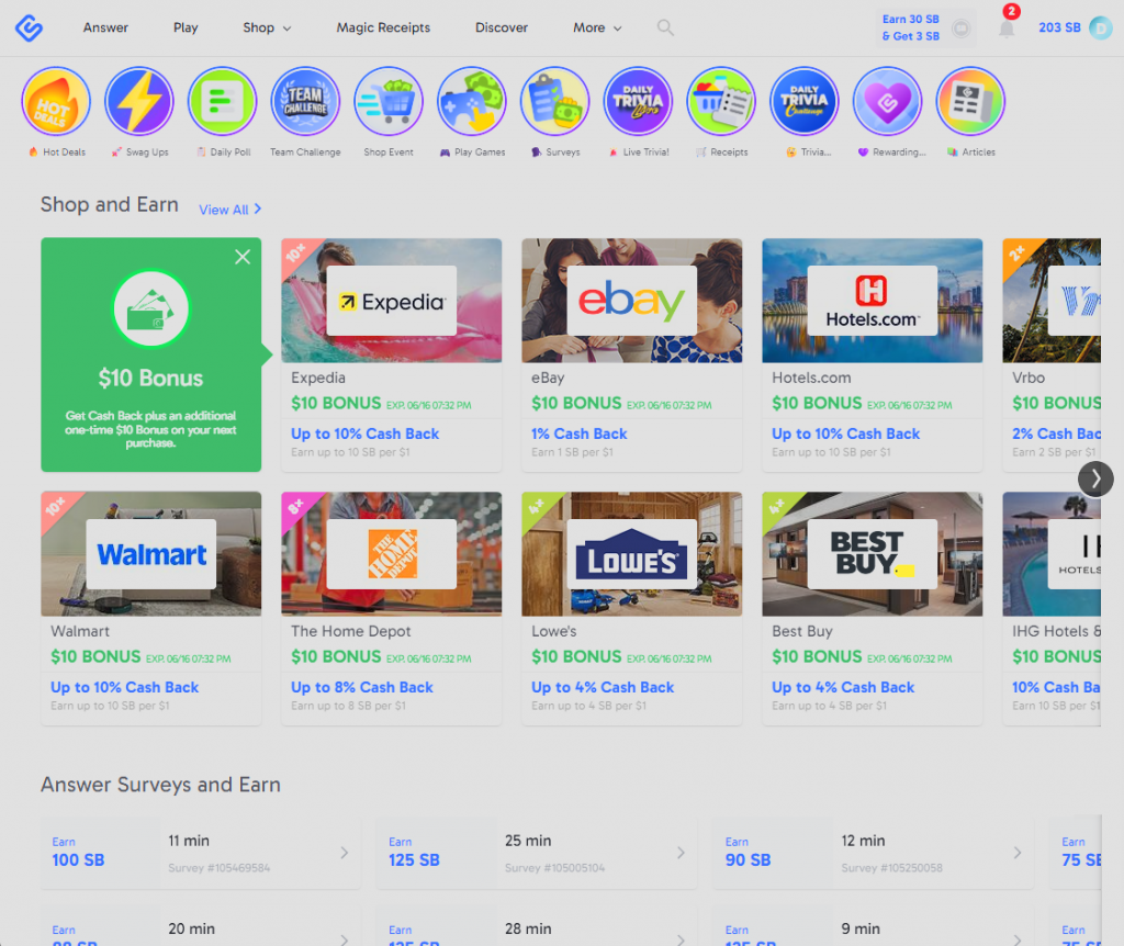 Swagbucks dashboard with Shop and Answer Surveys and Earn